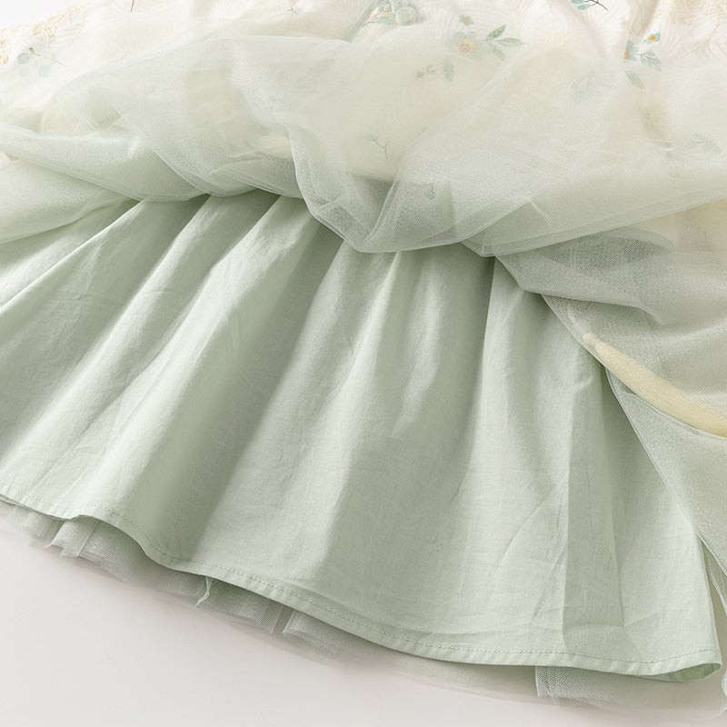 فستان بنات طويل الأكمام من التول باللون الأخضر الرمادي بأسلوب صيني عصري (يشمل زينة تدلي من الخيوط الصينية)