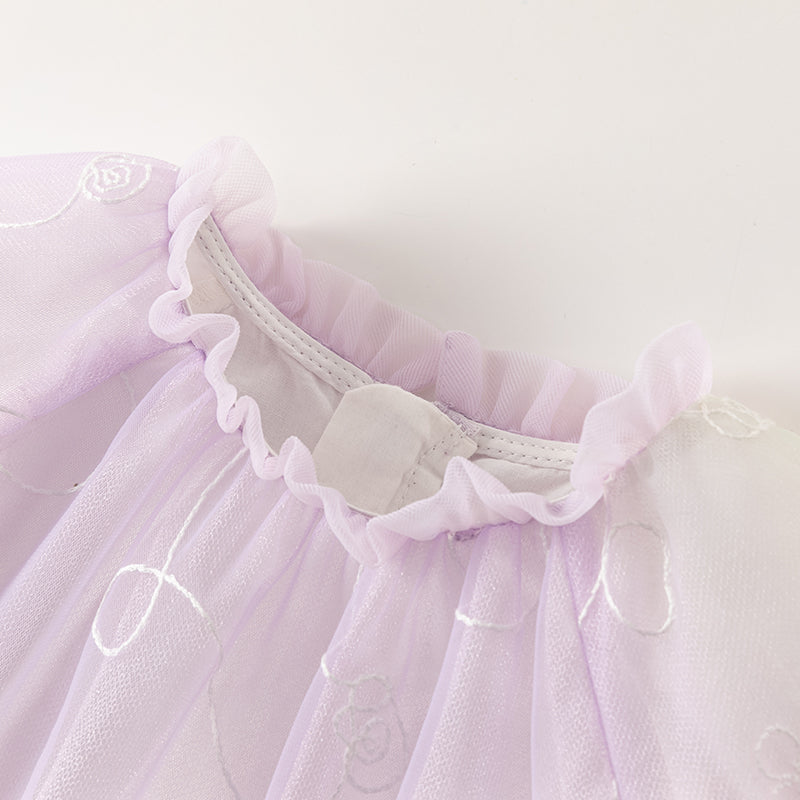 فستان بنات طويل الأكمام من التول باللون البنفسجي مع تطريز دقيق، أسلوب غير رسمي