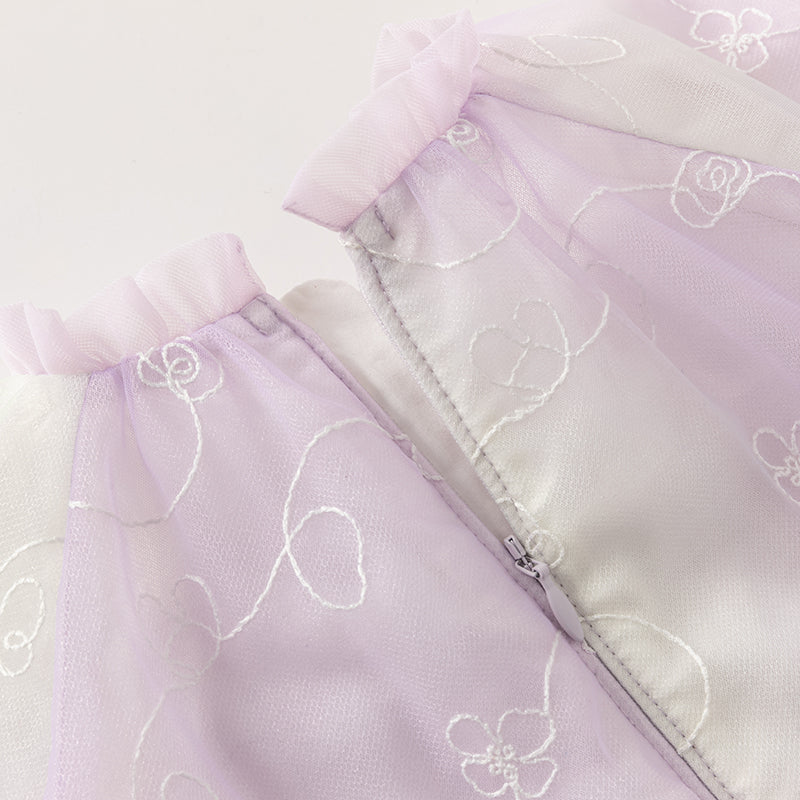 فستان بنات طويل الأكمام من التول باللون البنفسجي مع تطريز دقيق، أسلوب غير رسمي