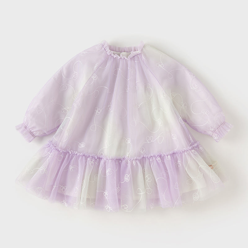 فستان بنات طويل الأكمام من التول باللون البنفسجي مع تطريز دقيق، أسلوب غير رسمي