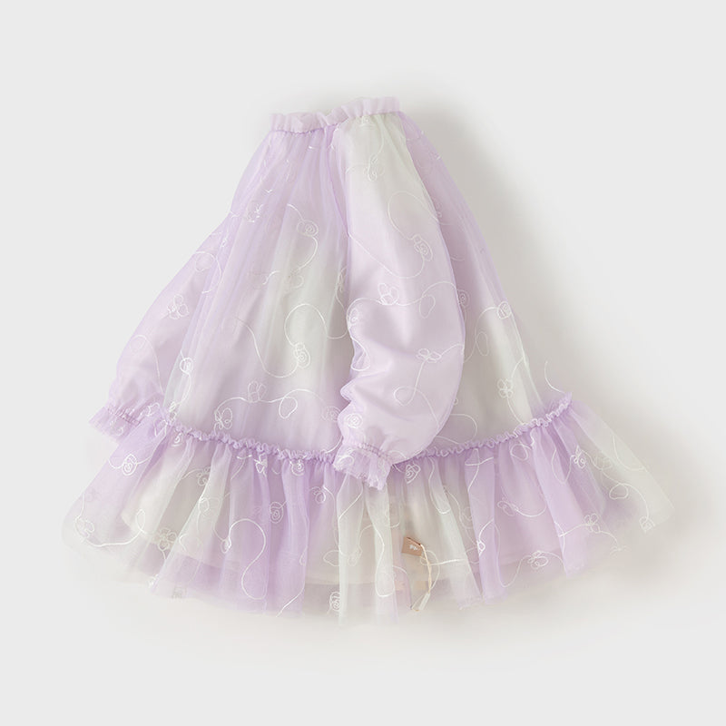 فستان بنات طويل الأكمام من التول باللون البنفسجي مع تطريز دقيق، أسلوب غير رسمي