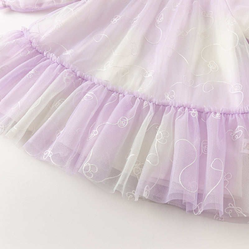 فستان بنات طويل الأكمام من التول باللون البنفسجي مع تطريز دقيق، أسلوب غير رسمي