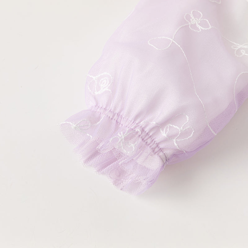 فستان بنات طويل الأكمام من التول باللون البنفسجي مع تطريز دقيق، أسلوب غير رسمي