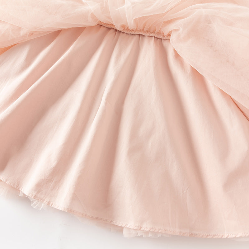 فستان أميرة للبنات الصغيرات بأكمام طويلة من التول الوردي بتصميم رومانسي مزين بحواف دانتيل