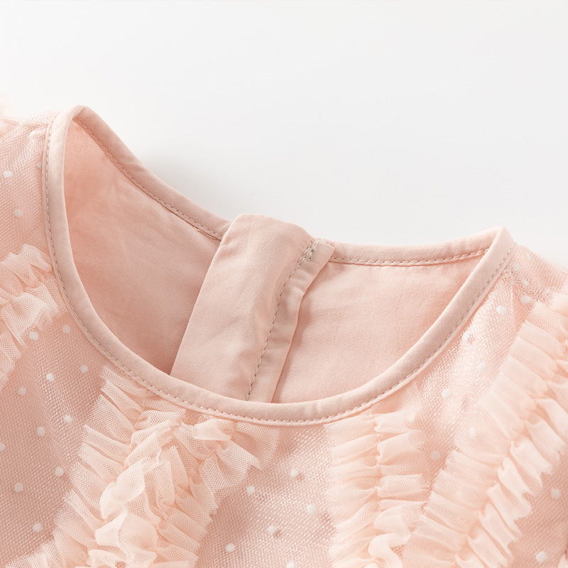 فستان أميرة للبنات الصغيرات بأكمام طويلة من التول الوردي بتصميم رومانسي مزين بحواف دانتيل