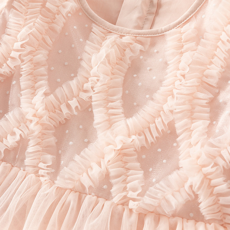 فستان أميرة للبنات الصغيرات بأكمام طويلة من التول الوردي بتصميم رومانسي مزين بحواف دانتيل