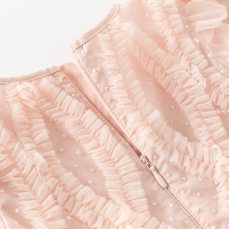 فستان أميرة للبنات الصغيرات بأكمام طويلة من التول الوردي بتصميم رومانسي مزين بحواف دانتيل