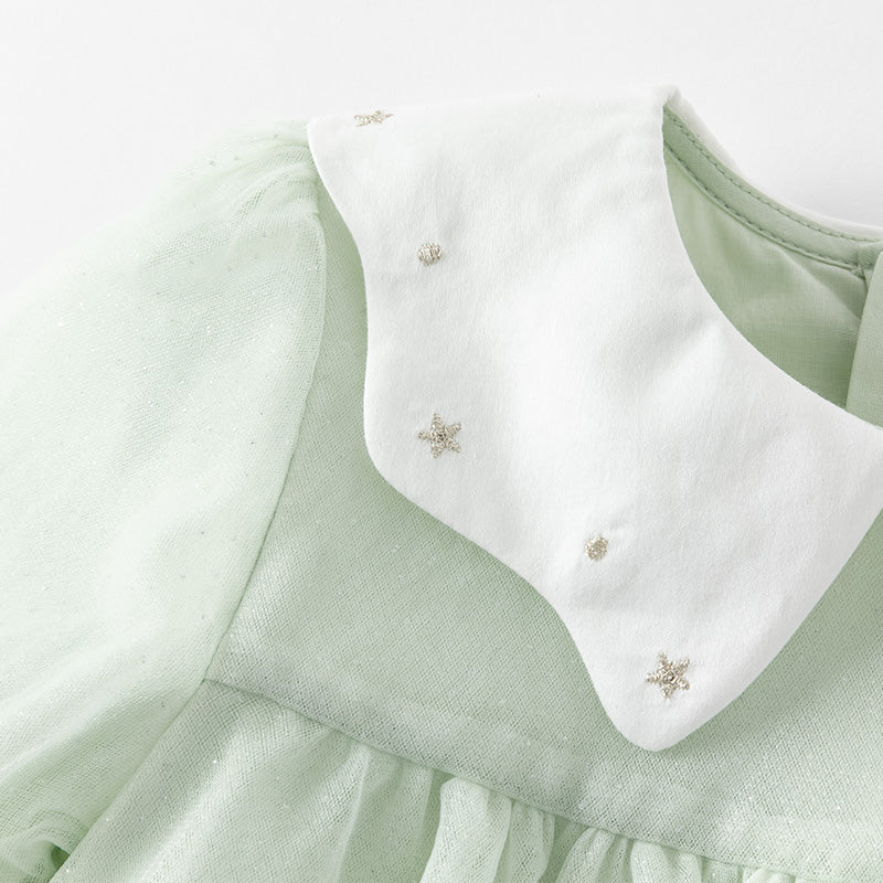 فستان بنات بأكمام طويلة من التول أخضر زنابق الوادي مزين بتطريز أنيق تصميم أميري