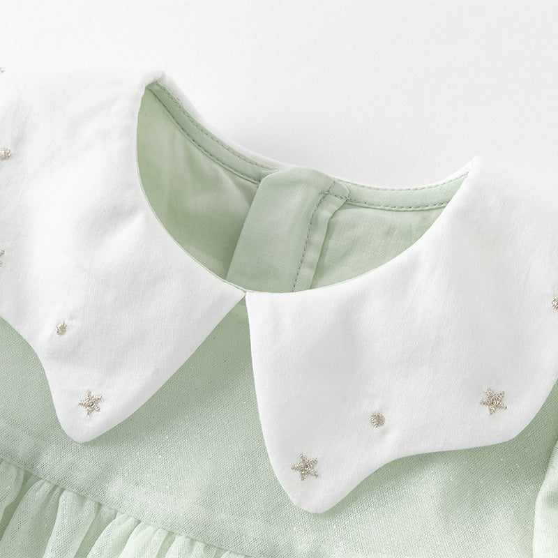 فستان بنات بأكمام طويلة من التول أخضر زنابق الوادي مزين بتطريز أنيق تصميم أميري