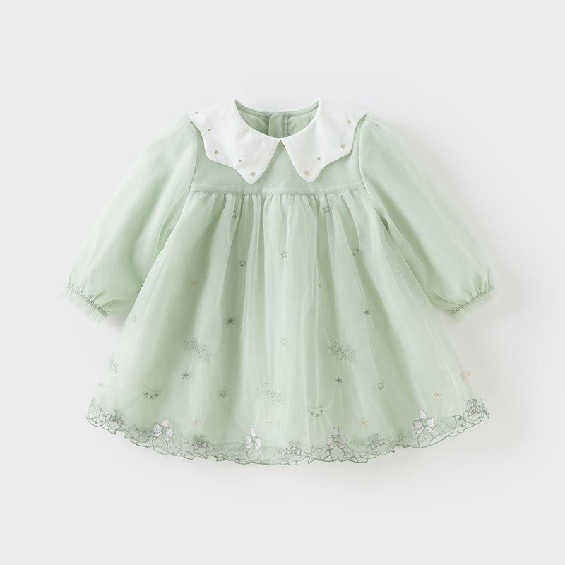 فستان بنات بأكمام طويلة من التول أخضر زنابق الوادي مزين بتطريز أنيق تصميم أميري