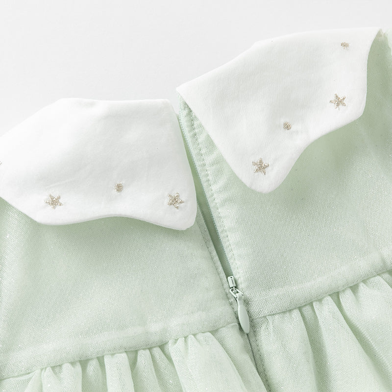 فستان بنات بأكمام طويلة من التول أخضر زنابق الوادي مزين بتطريز أنيق تصميم أميري