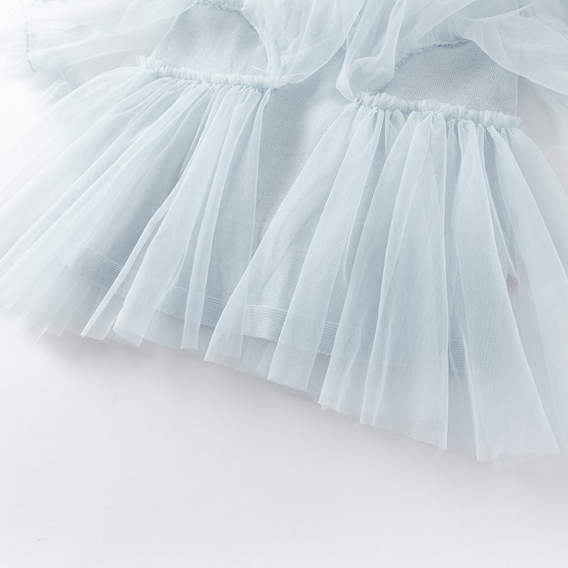 فستان بنات بأكمام طويلة أزرق فاتح مزيج تريكو وتول تنورة تول دانتيل تصميم أميري