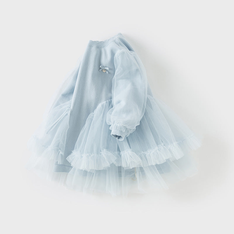 فستان بنات بأكمام طويلة أزرق فاتح مزيج تريكو وتول تنورة تول دانتيل تصميم أميري