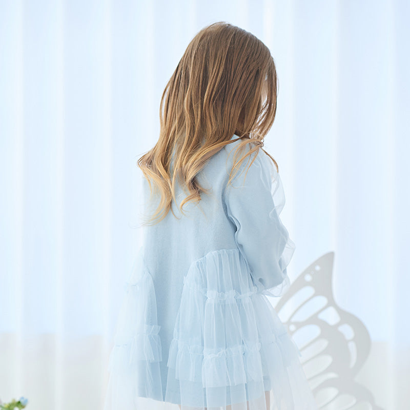 فستان بنات بأكمام طويلة أزرق فاتح مزيج تريكو وتول تنورة تول دانتيل تصميم أميري