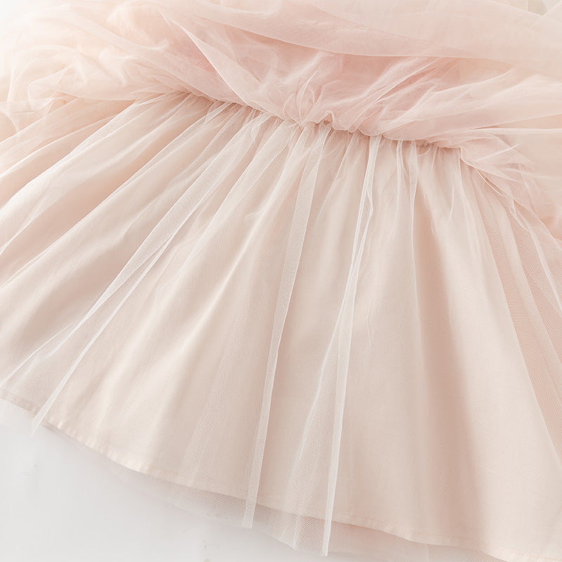 فستان بنات بأكمام طويلة باللون الوردي الرمادي بقماش التويد الكلاسيكي مع تنورة تول بتصميم أنيق