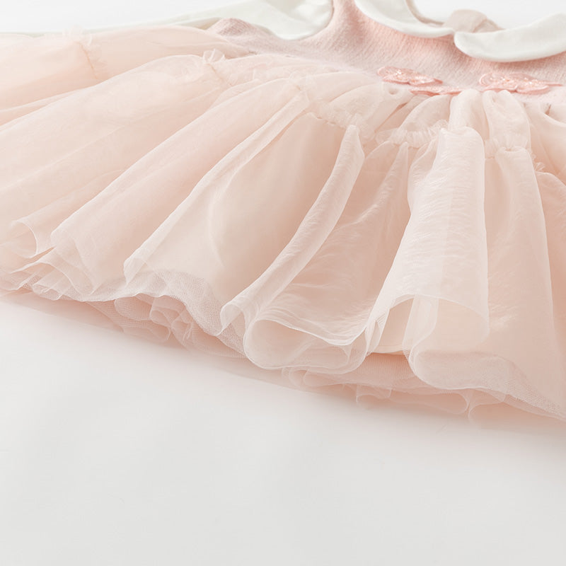 فستان بنات بأكمام طويلة باللون الوردي الرمادي بقماش التويد الكلاسيكي مع تنورة تول بتصميم أنيق