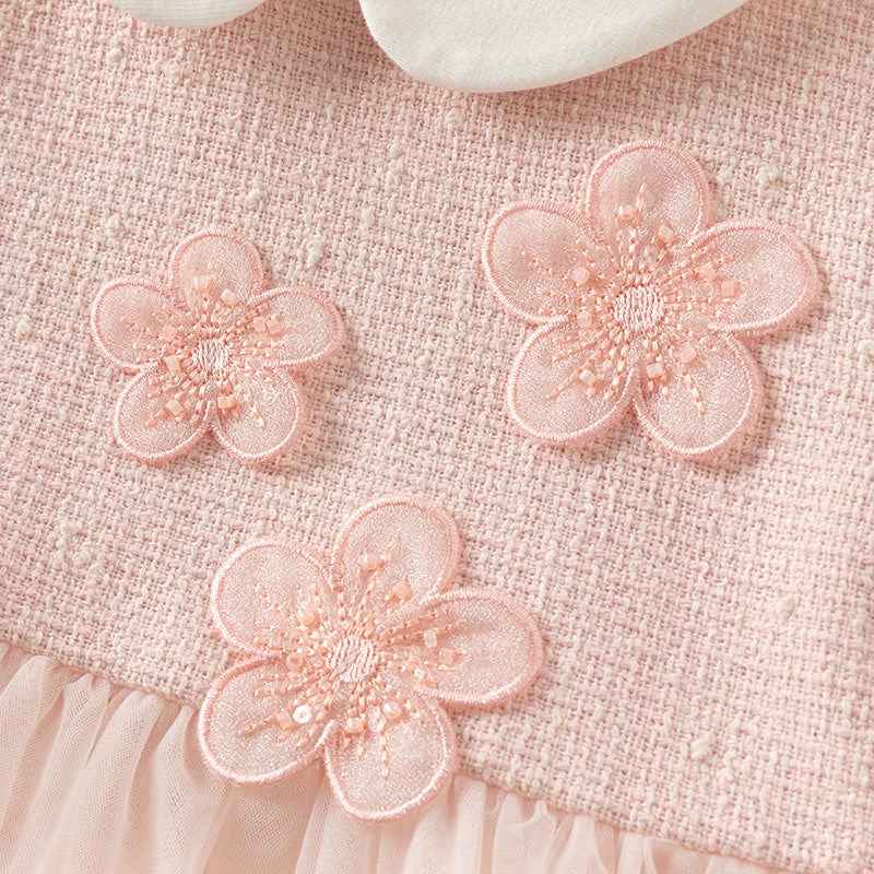 فستان بنات بأكمام طويلة باللون الوردي الرمادي بقماش التويد الكلاسيكي مع تنورة تول بتصميم أنيق