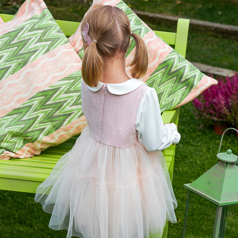 فستان بنات بأكمام طويلة باللون الوردي الرمادي بقماش التويد الكلاسيكي مع تنورة تول بتصميم أنيق