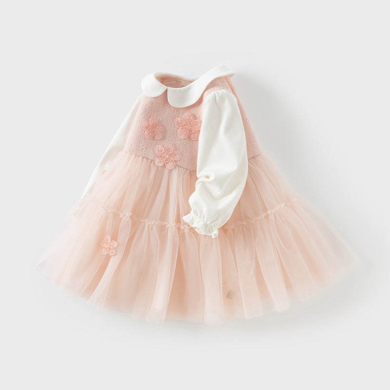 فستان بنات بأكمام طويلة باللون الوردي الرمادي بقماش التويد الكلاسيكي مع تنورة تول بتصميم أنيق