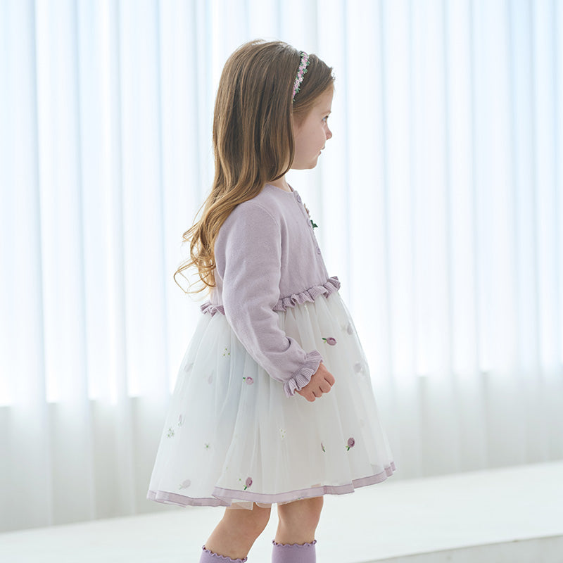 فستان للأطفال بأكمام طويلة من التريكو الأرجواني مع تنورة من التول، بطابع ناعم ومنعش