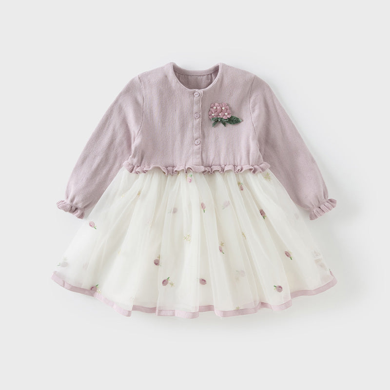 فستان للأطفال بأكمام طويلة من التريكو الأرجواني مع تنورة من التول، بطابع ناعم ومنعش