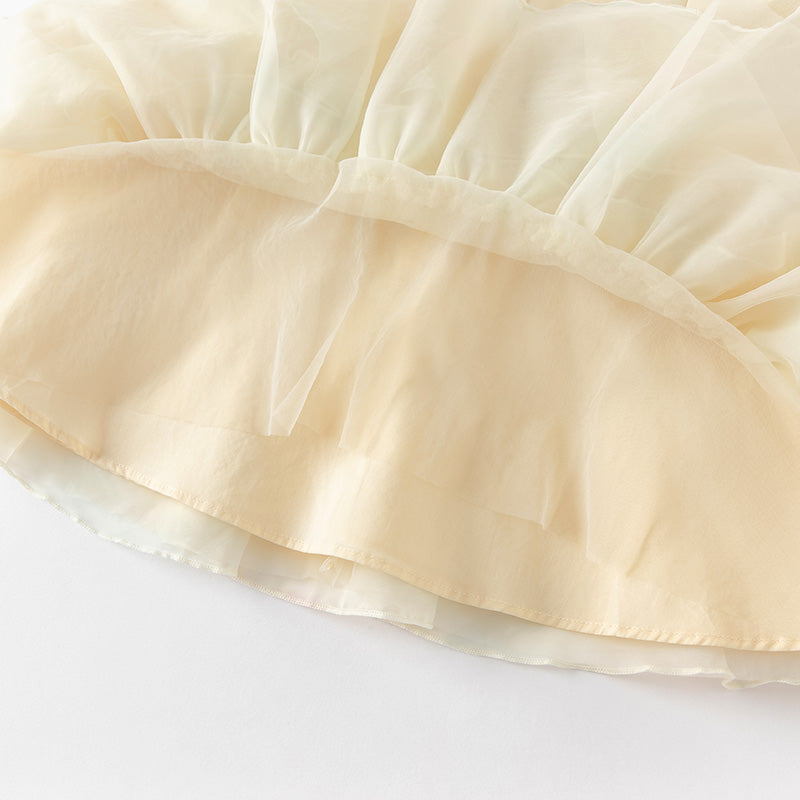 فستان بنات طويل الأكمام من التول باللون الأصفر مع تنورة متعددة الطبقات بأسلوب لطيف