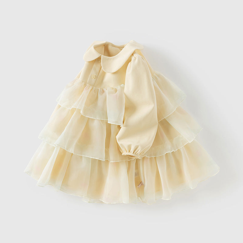 فستان بنات طويل الأكمام من التول باللون الأصفر مع تنورة متعددة الطبقات بأسلوب لطيف