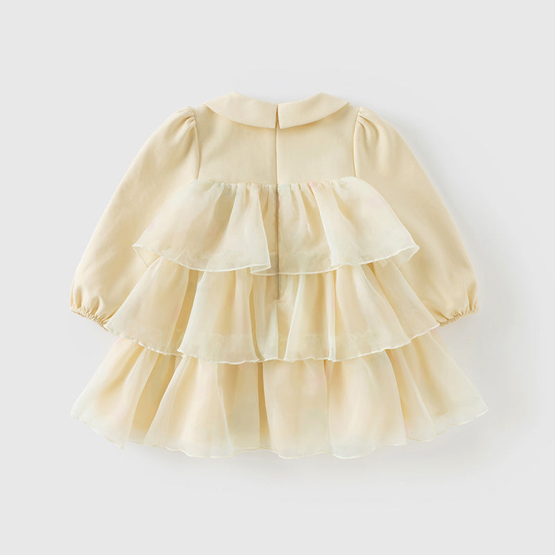 فستان بنات طويل الأكمام من التول باللون الأصفر مع تنورة متعددة الطبقات بأسلوب لطيف