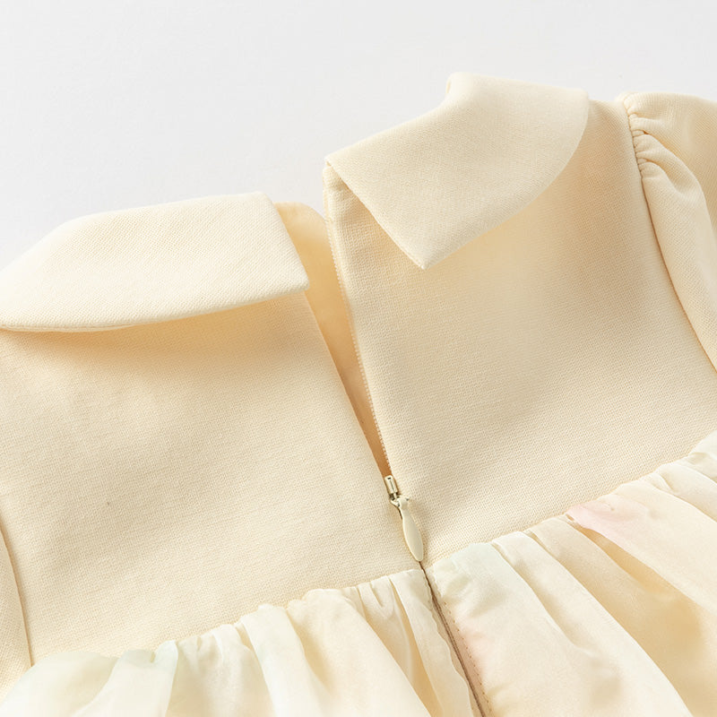 فستان بنات طويل الأكمام من التول باللون الأصفر مع تنورة متعددة الطبقات بأسلوب لطيف