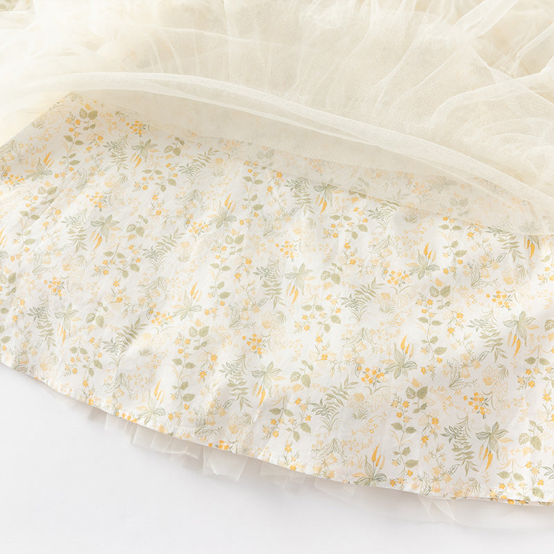 فستان بنات طويل الأكمام من التول باللون الأصفر بأسلوب صيني عصري