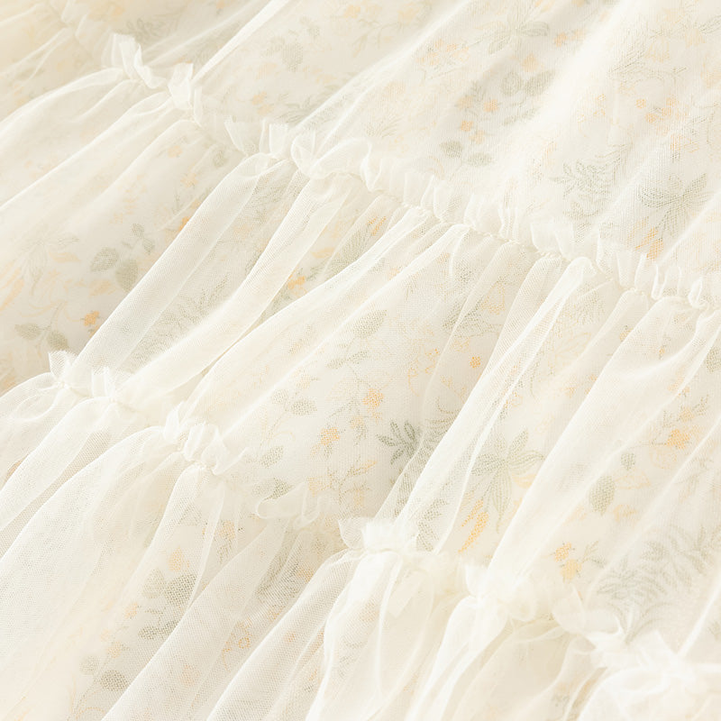 فستان بنات طويل الأكمام من التول باللون الأصفر بأسلوب صيني عصري