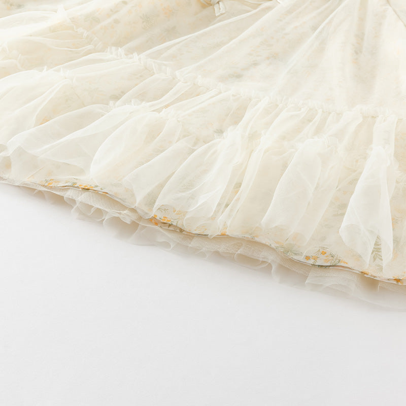 فستان بنات طويل الأكمام من التول باللون الأصفر بأسلوب صيني عصري