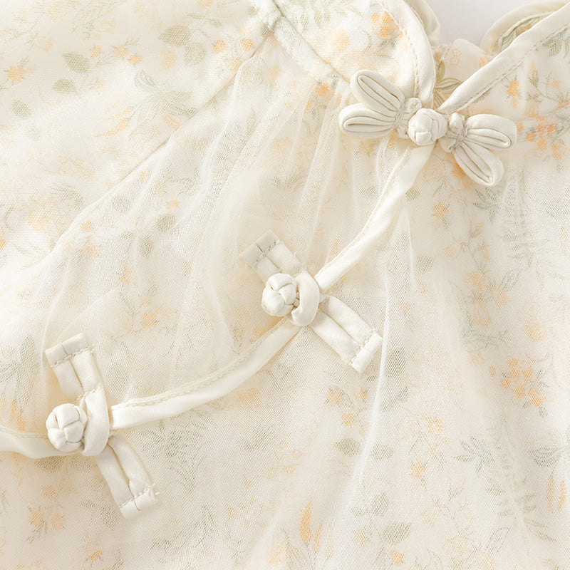 فستان بنات طويل الأكمام من التول باللون الأصفر بأسلوب صيني عصري