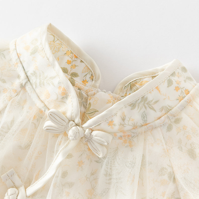 فستان بنات طويل الأكمام من التول باللون الأصفر بأسلوب صيني عصري