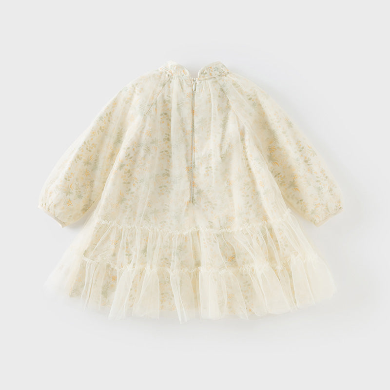 فستان بنات طويل الأكمام من التول باللون الأصفر بأسلوب صيني عصري