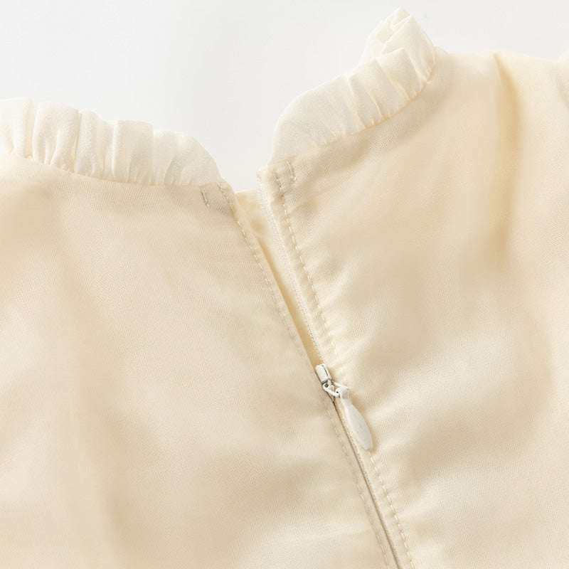 فستان بنات بأكمام طويلة من التول أصفر فاتح/وردي فاتح مزين بتطريز زهور ثلاثية الأبعاد تصميم أميري