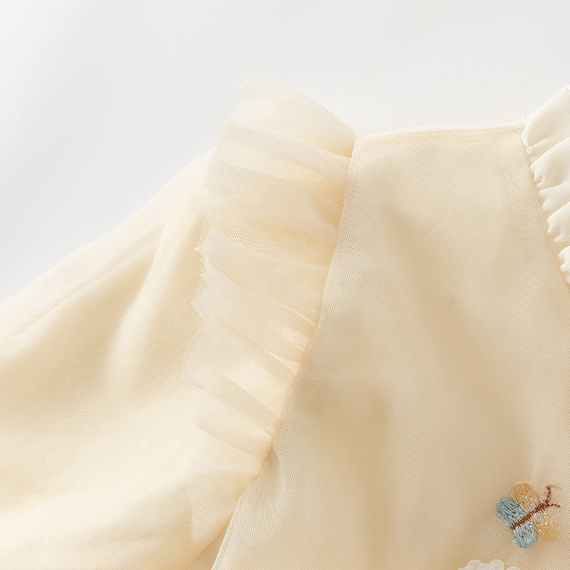 فستان بنات بأكمام طويلة من التول أصفر فاتح/وردي فاتح مزين بتطريز زهور ثلاثية الأبعاد تصميم أميري