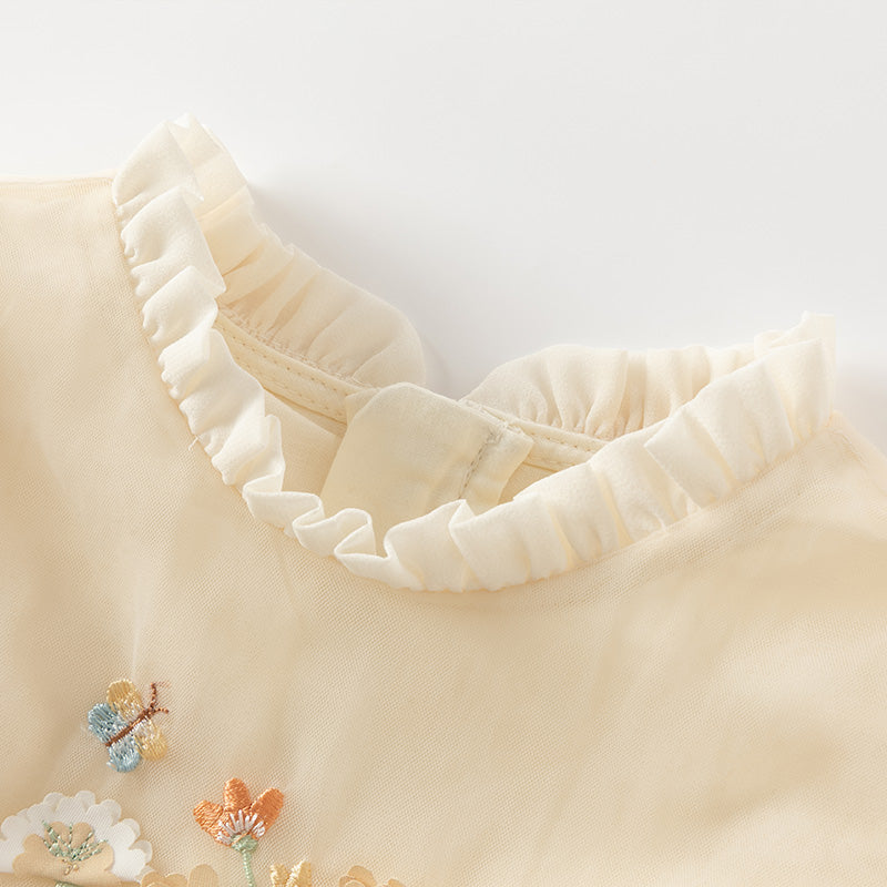 فستان بنات بأكمام طويلة من التول أصفر فاتح/وردي فاتح مزين بتطريز زهور ثلاثية الأبعاد تصميم أميري