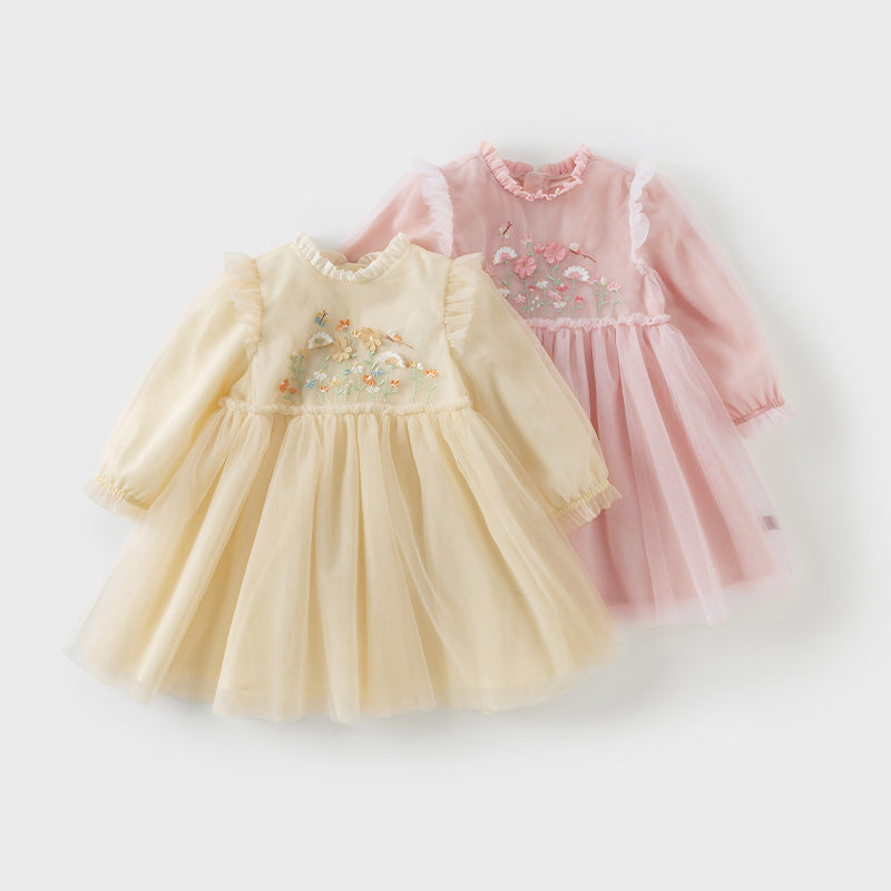 فستان بنات بأكمام طويلة من التول أصفر فاتح/وردي فاتح مزين بتطريز زهور ثلاثية الأبعاد تصميم أميري