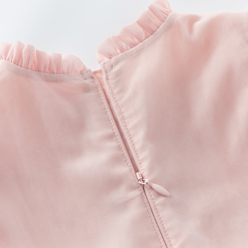 فستان بنات بأكمام طويلة من التول أصفر فاتح/وردي فاتح مزين بتطريز زهور ثلاثية الأبعاد تصميم أميري