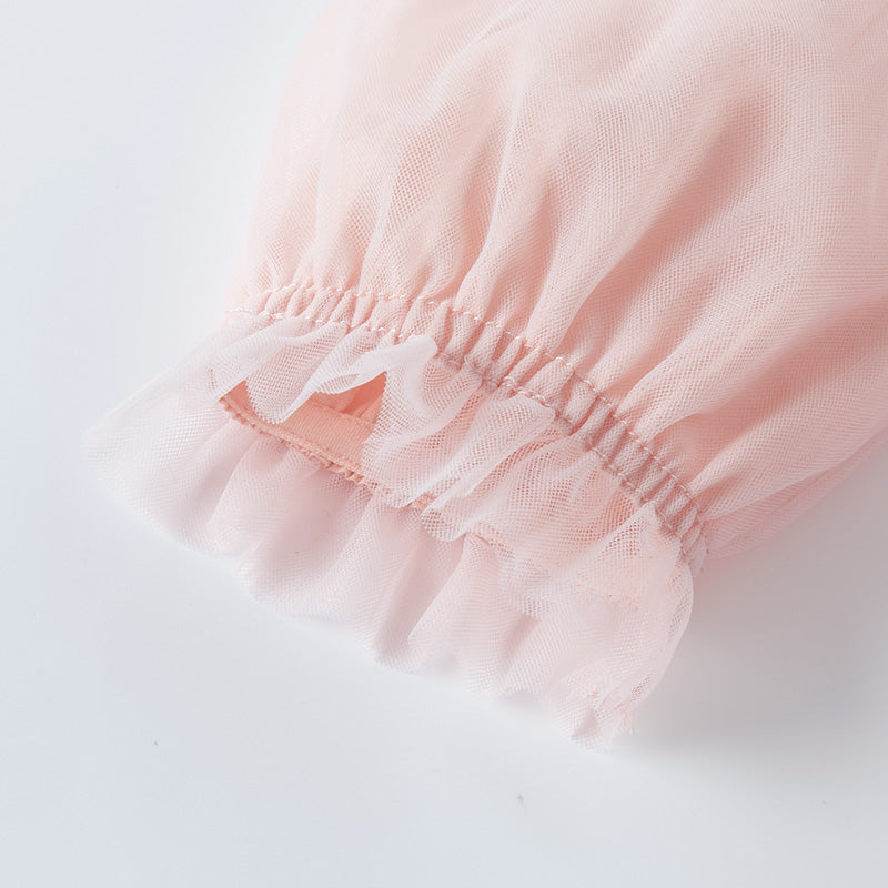 فستان بنات بأكمام طويلة من التول أصفر فاتح/وردي فاتح مزين بتطريز زهور ثلاثية الأبعاد تصميم أميري