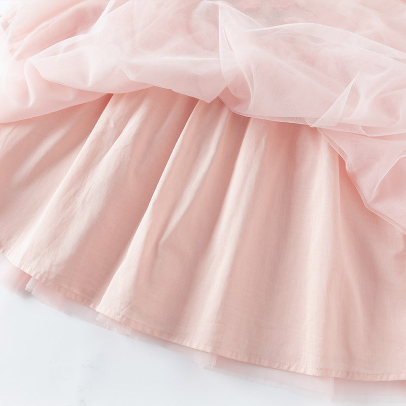 فستان بنات بأكمام طويلة من التول أصفر فاتح/وردي فاتح مزين بتطريز زهور ثلاثية الأبعاد تصميم أميري