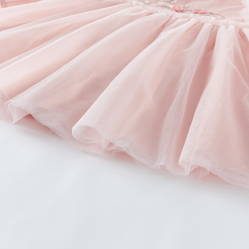 فستان بنات بأكمام طويلة من التول أصفر فاتح/وردي فاتح مزين بتطريز زهور ثلاثية الأبعاد تصميم أميري