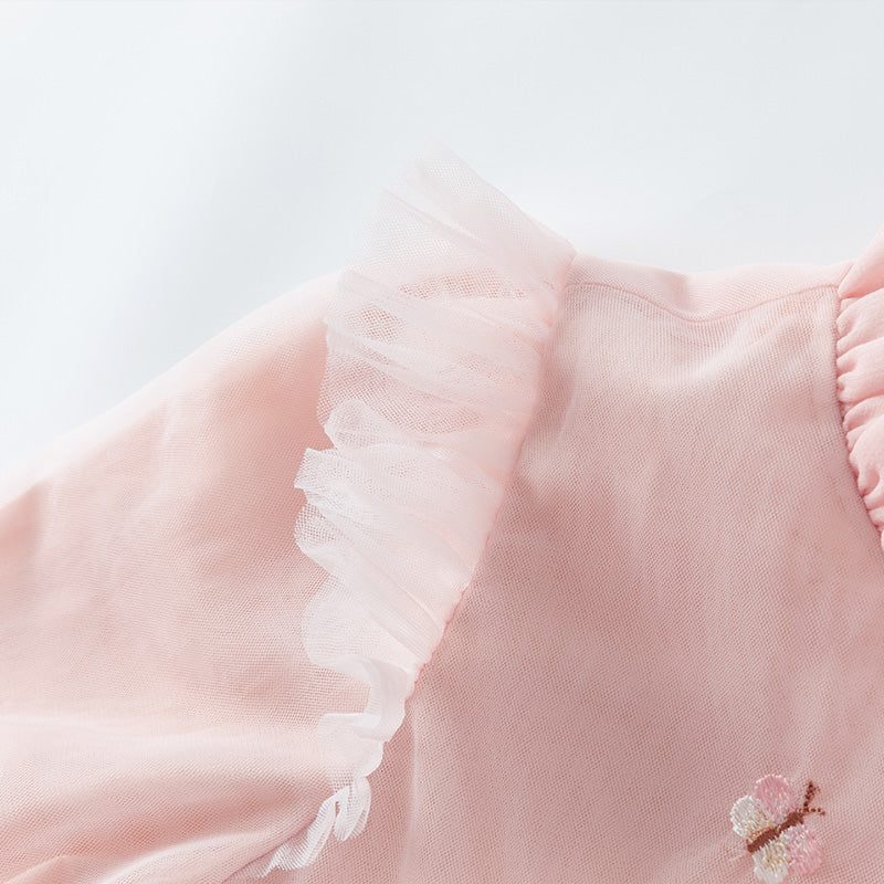 فستان بنات بأكمام طويلة من التول أصفر فاتح/وردي فاتح مزين بتطريز زهور ثلاثية الأبعاد تصميم أميري