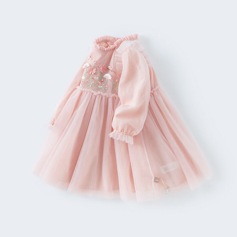 فستان بنات بأكمام طويلة من التول أصفر فاتح/وردي فاتح مزين بتطريز زهور ثلاثية الأبعاد تصميم أميري