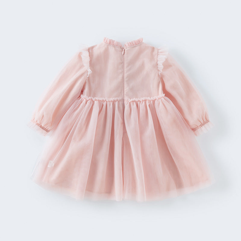 فستان بنات بأكمام طويلة من التول أصفر فاتح/وردي فاتح مزين بتطريز زهور ثلاثية الأبعاد تصميم أميري