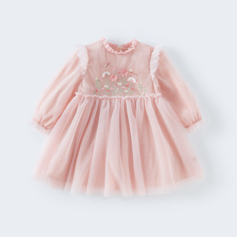 فستان بنات بأكمام طويلة من التول أصفر فاتح/وردي فاتح مزين بتطريز زهور ثلاثية الأبعاد تصميم أميري