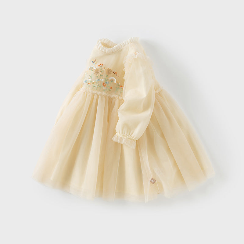 فستان بنات بأكمام طويلة من التول أصفر فاتح/وردي فاتح مزين بتطريز زهور ثلاثية الأبعاد تصميم أميري