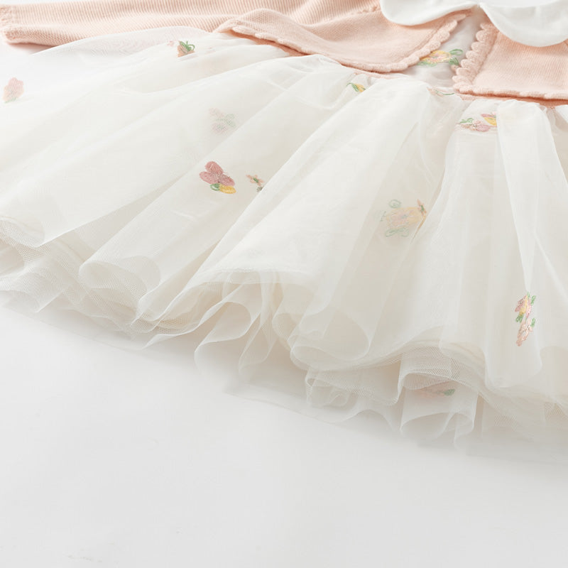 فستان للأطفال بأكمام طويلة من التريكو الوردي البرتقالي مع تنورة من التول