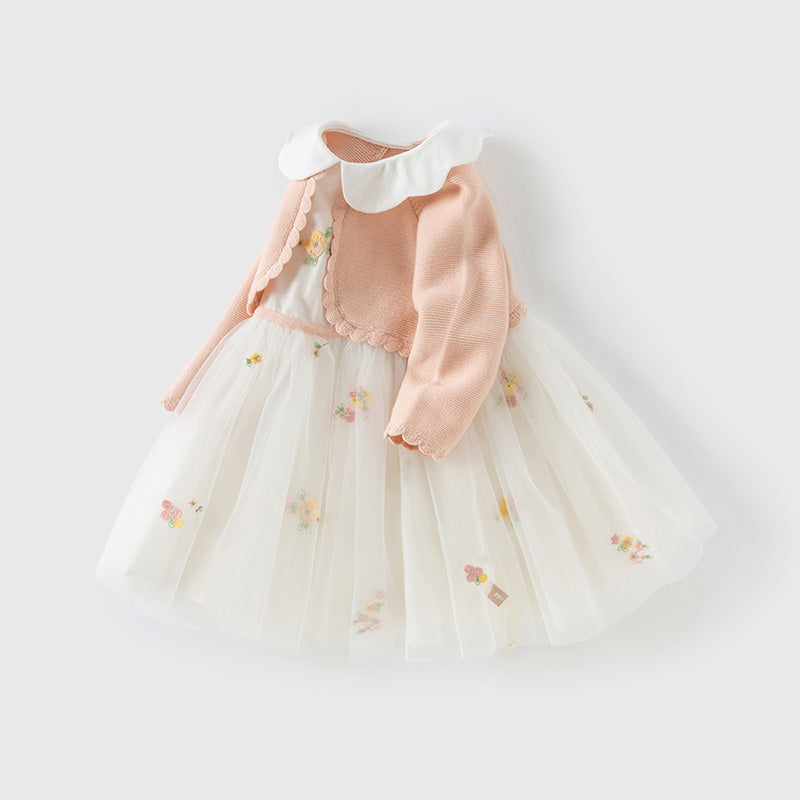 فستان للأطفال بأكمام طويلة من التريكو الوردي البرتقالي مع تنورة من التول